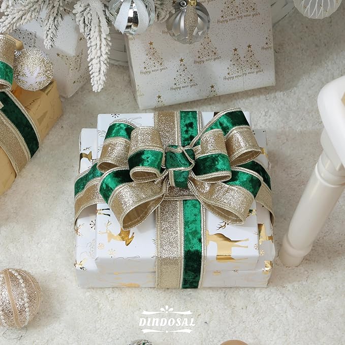 Dark Green Velvet Wired Christmas Ribbon 2.5 Inch Green and Gold Glitter Holiday Ribbon – 10-Yards Roll for Tree Decorations, Gift Wrapping, Wreaths, and DIY Crafts
