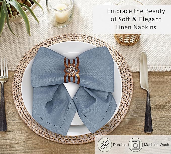 Ruvanti Premium Linen Napkins Set of 6-20x20 Inch, Classic Hemstitch, Mitered Corner Cloth Napkins - Soft, Elegant Dinner Napkins Cloth Washable for Weddings, Parties, Everyday Use - Grey
