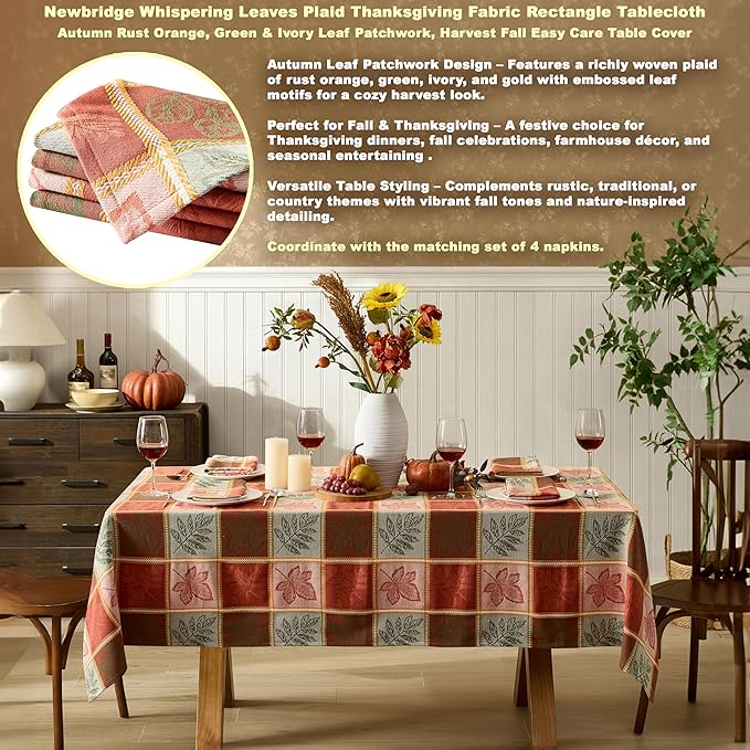 Newbridge Whispering Leaves Rust Orange and Green Plaid Thanksgiving Tablecloth, 52 x 70 Inch Rectangle, Autumn Leaf Woven Fabric Table Cover, Fall Harvest Dining Decor