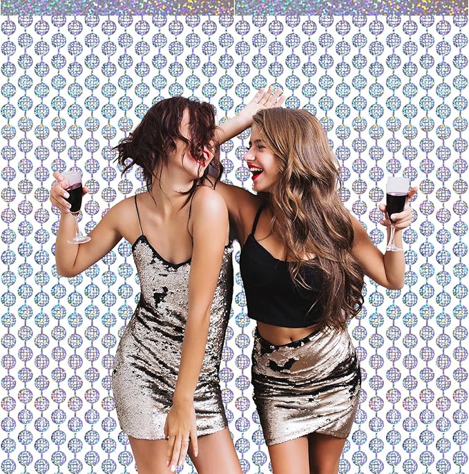 GOER Foil Curtain Backdrop for Birthday Party | Metallic Tinsel Photo Booth Props for Bachelorette Party | New Year Eve,Graduation Party Decorations (Silver Disco Ball, 2 Count (Pack of 1))