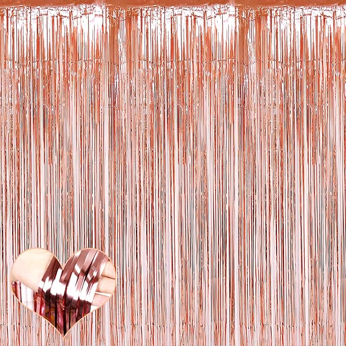 4 Pack Rose Gold Fringe Curtain Backdrop, 3.2Ft x 9.8Ft Metallic Tinsel Foil Fringe Streamers Background for Photo Booth Birthday Wedding Baby Shower Carnival Easter Mother’s Day Party Decorations