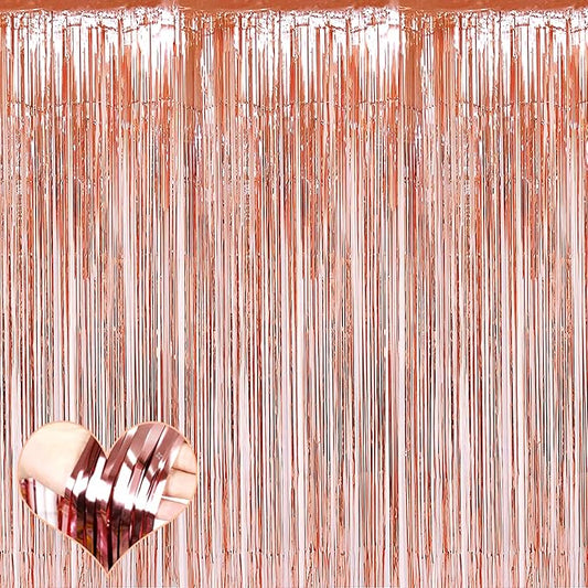 4 Pack Rose Gold Fringe Curtain Backdrop, 3.2Ft x 9.8Ft Metallic Tinsel Foil Fringe Streamers Background for Photo Booth Birthday Wedding Baby Shower Carnival Easter Mother’s Day Party Decorations