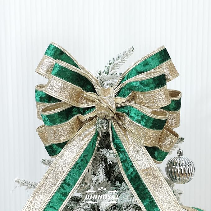 Dark Green Velvet Wired Christmas Ribbon 2.5 Inch Green and Gold Glitter Holiday Ribbon – 10-Yards Roll for Tree Decorations, Gift Wrapping, Wreaths, and DIY Crafts