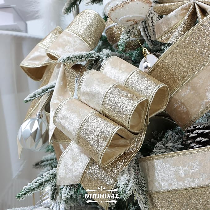 Champagne Velvet and Glitter Wired Christmas Ribbon 4 Inch – 10-Yards Roll for Tree Decorations, Gift Wrapping, Wreaths, and DIY Crafts