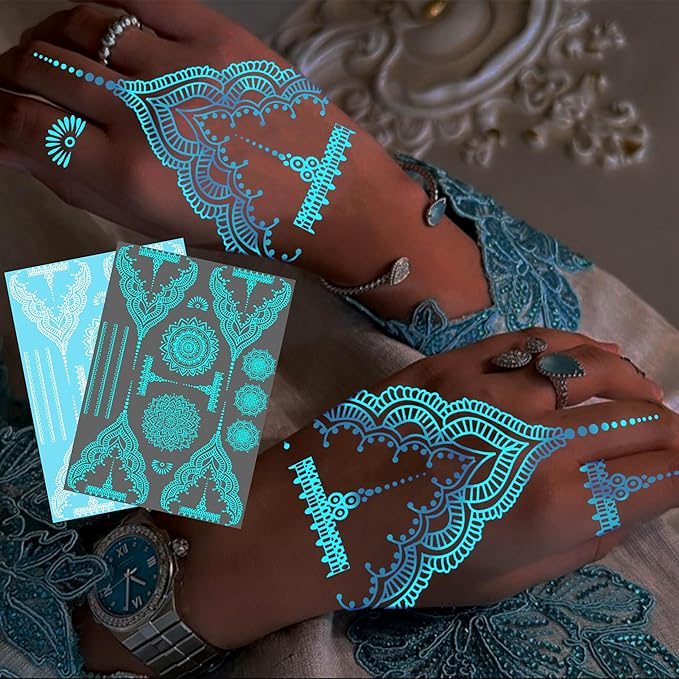 4 Sheets Blue Luminous Mandala Flower Tempoprary Tattoos For Women Girls Adults Hands Arm, Sexy Tribal Lace Lotus Glow In The Dark Fake Tattoo Stickers, Night Glitter Wedding Festival Party Supplies