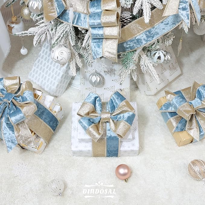 Dusty Blue Velvet Wired Christmas Ribbon 4 Inch Extra Wide Thick Blue and Gold Glitter Holiday Ribbon – 10-Yards Roll for Tree Decorations, Gift Wrapping, Wreaths, and DIY Crafts