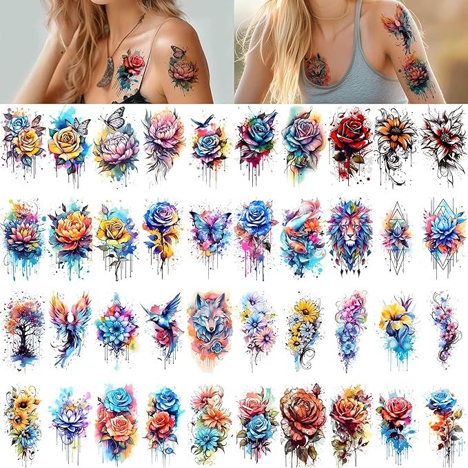 52 Realistic Temporary Tattoos for Women Adults - Long Lasting Waterproof Fake Flower Tattoo Stickers, 3D Roses Birds Wolf Floral Arm Neck Body Art for Gifts(Kids Safe)