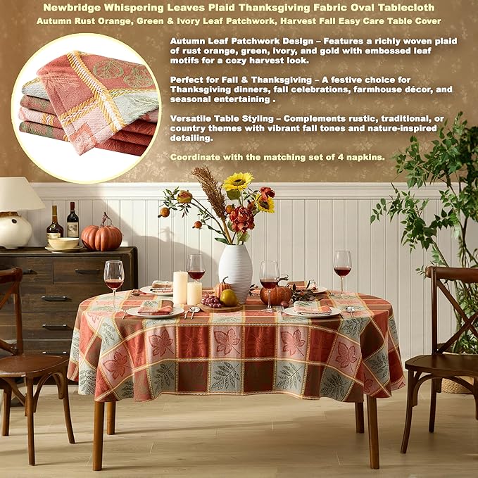 Newbridge Whispering Leaves Rust Orange and Green Plaid Thanksgiving Tablecloth, 60 x 84 Inch Oval, Autumn Leaf Woven Fabric Table Cover, Fall Harvest Dining Decor