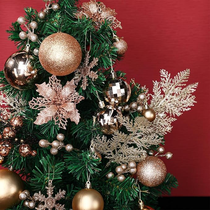 Sratte 94 Pcs Christmas Tree Decorations Set, Christmas Tree Ball Ornaments Glitter Poinsettia Flowers Decorations Glitter Berries Stems for Xmas Holiday Wedding(Champagne Gold)