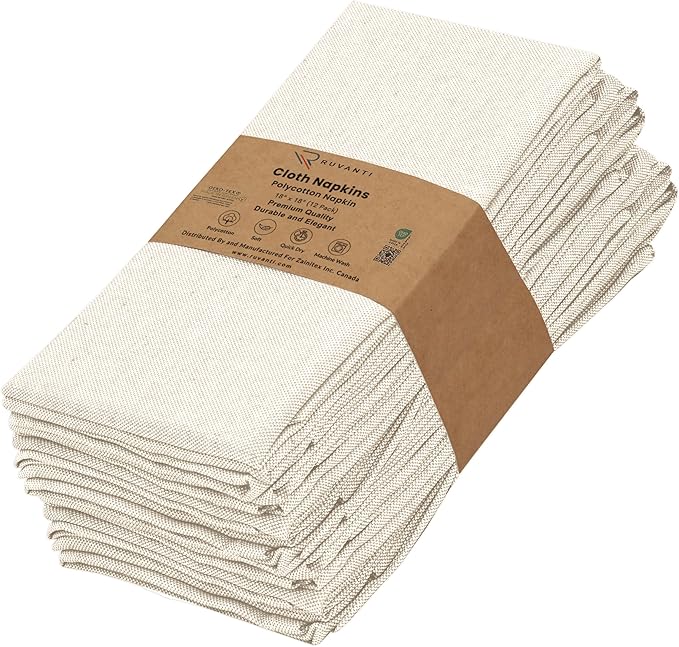 Ruvanti Cloth Napkins Set of 12, 18x18 Reusable Napkins Cloth Washable, Soft & Durable Table Napkin, Poly Cotton Fabric Dinner Napkins for Parties, Christmas, Thanksgiving, Weddings - Antique White