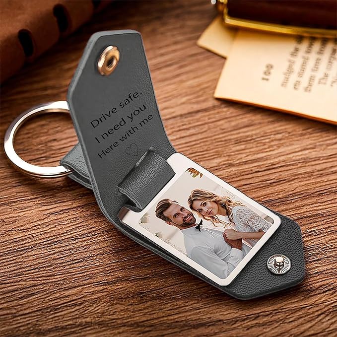 Personalized Photo/Text Leather Keychain for Men Womens Custom Picture Key Chains Memorial Gifts for Family Lover