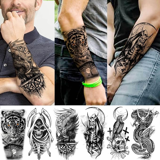 66 Sheets Black Eagle Dragon Halloween Temporary Tattoos For Men Women Thigh, Scary Tiger Lion Devil Skull Fake Tattoos For Adults, 3D Wolf Large Half Arm Sleeve Realistic Tattoo Forearm Vampire Demon