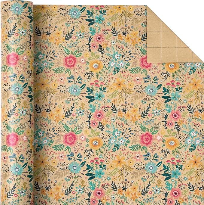 WRAPAHOLIC 30 Inch Jumbo Kraft Floral Wrapping Paper Roll - 30 Inch x 100 Feet Jumbo Roll - Spring Summer Garden Flower Design Perfect for Wedding, Bridal Shower, Birthday