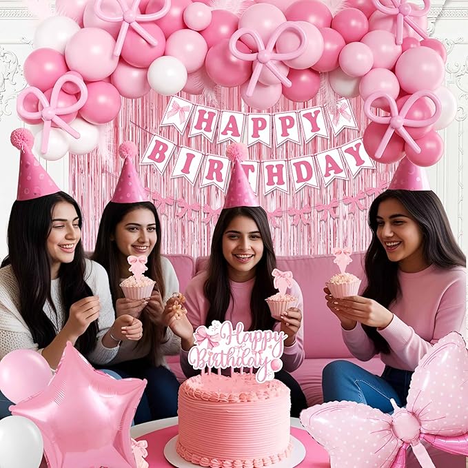 Pink Bow Birthday Party Decorations for women,Fringe Curtains Happy Birthday Banner,Pink balloons,Cake Toppers for girls