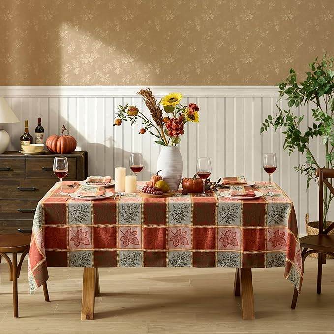 Newbridge Whispering Leaves Rust Orange and Green Plaid Thanksgiving Tablecloth, 52 x 70 Inch Rectangle, Autumn Leaf Woven Fabric Table Cover, Fall Harvest Dining Decor