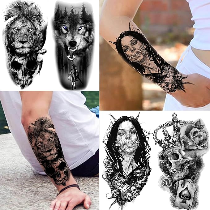 66 Sheets Black Eagle Dragon Halloween Temporary Tattoos For Men Women Thigh, Scary Tiger Lion Devil Skull Fake Tattoos For Adults, 3D Wolf Large Half Arm Sleeve Realistic Tattoo Forearm Vampire Demon
