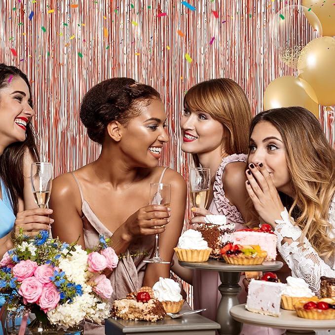 Crosize 7 Pack 3.3 x 9.9 ft Rose Gold Foil Fringe, Streamer Backdrop Curtains, Streamers Birthday Party Decorations, Tinsel Curtains for Parties, Photo Booth Backdrops