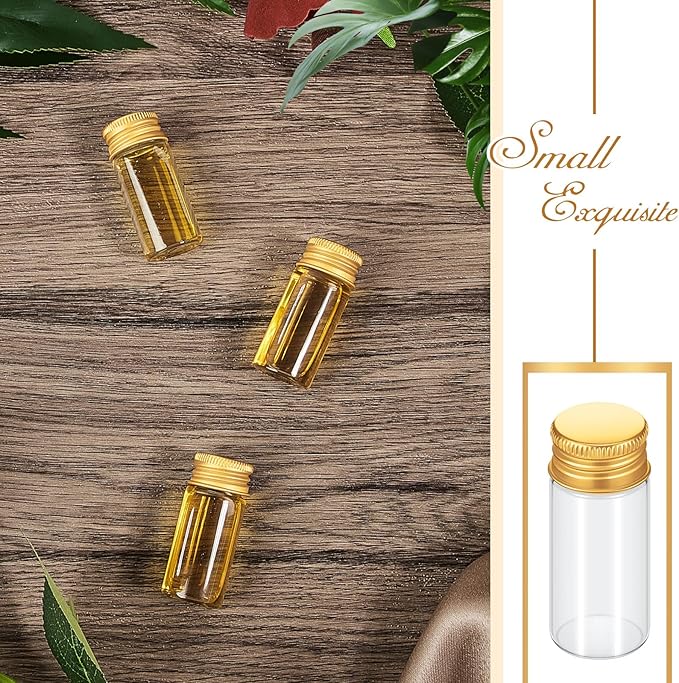 200 Pcs Small Clear Vials Spice Mini Jars with Lids Mini Glass Bottles with Screw Aluminum Metal Caps Tiny Jars Sample Containers for Powder Cream Cosmetic Jewelry Wedding (10 ml,Gold Caps)