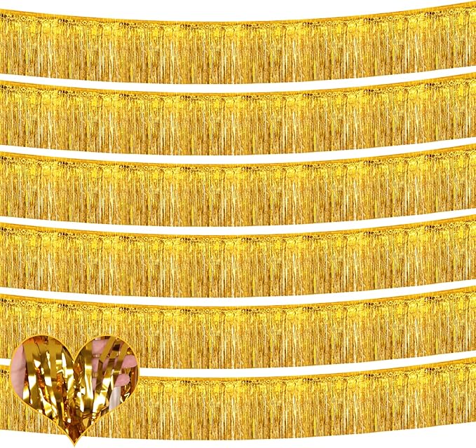 6 Pack 10 Feet Foil Fringe Garland Metallic Tinsel Banner Wall Hanging Curtain Streamers Backdrop for Parade Floats Bachelorette Wedding Birthday Party Thanksgiving Christmas Decorations(Gold)
