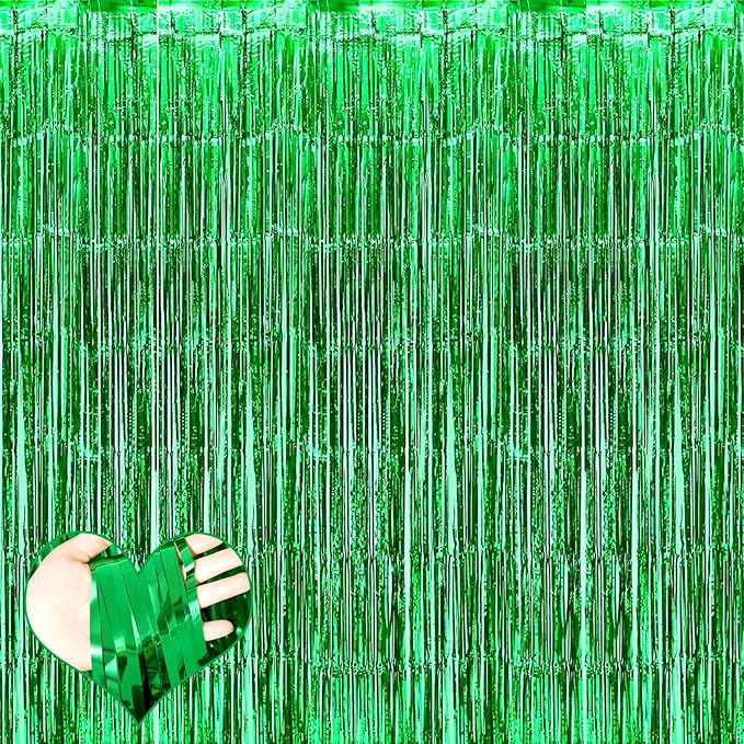 4 Pack Green Fringe Curtain Backdrop, 3.2Ft x 9.8Ft Metallic Tinsel Foil Fringe Streamers Background for Photo Booth Birthday Wedding Baby Shower Carnival Easter Mother’s Day Party Decorations