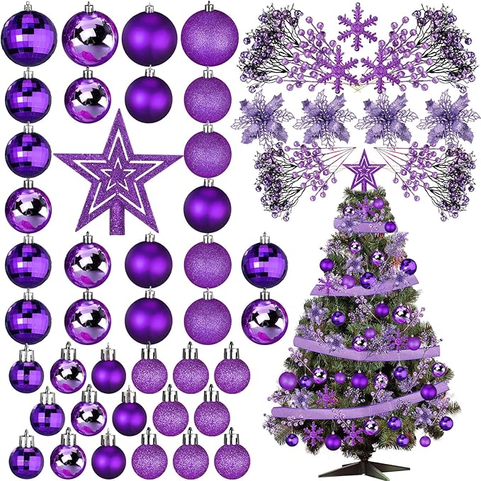 Sratte 94 Pcs Christmas Tree Decorations Set, Christmas Tree Ball Ornaments Glitter Poinsettia Flowers Decorations Glitter Berries Stems for Xmas Holiday Wedding(Purple)