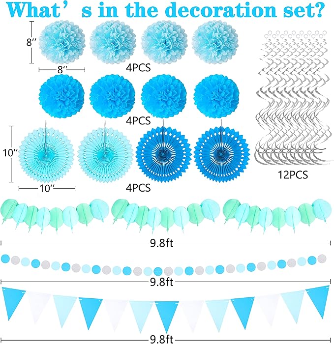 Moon Boat 35PCS Party Decorations Paper Fan Hanging Set - Birthday,Baby Shower,Wedding Decor (Blue)