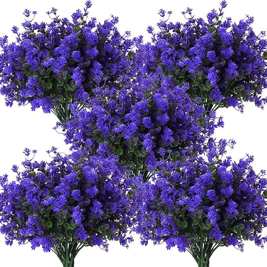 RECUTMS Fake Outdoor Flowers Artificial Flowers Plants for Window Boxes Spring Outdoor Home Decoration, 10 Bundles Fake Faux Eucalyptus for Outside Home Planter Porch Patio Window Yard Decor(Purple)