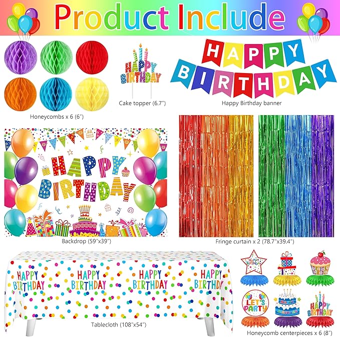 103 Pcs Colorful Birthday Decorations for Boys and Girls, Rainbow Party Decorations with Happy Birthday Backdrop Banner Tablecloth Balloon Arch Kit Centerpieces & Fringe Curtains