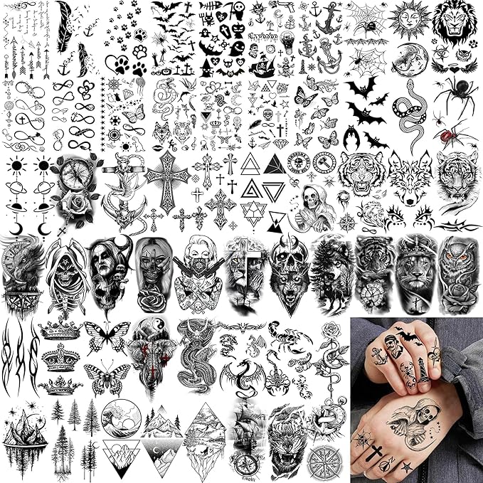 67 Sheets 3D Black Tribal Realistic Lion Temporary Tattoos for Men Women Adults, Bulk Tiger Wolf Warrior Gladiator Temp Skull Skeleton Halloween Fake Half Arm Sleeve Tattoos Stickers Legs Kit Sets