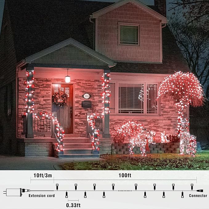 100FT 300 LED Christmas Lights Outdoor, Plug in Christmas String Lights Indoor, Waterproof & 8 Modes & Timer Function, Connectable Fairy Twinkle Light for Home Garden Xmas Decor, Red White