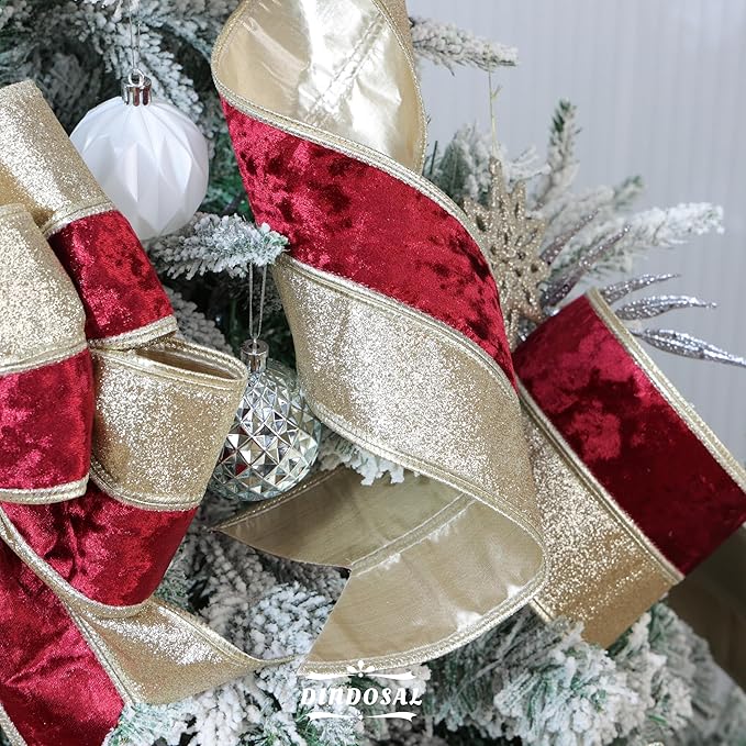 Burgundy Velvet Wired Christmas Ribbon 4 Inch Extra Wide Thick Maroon and Gold Glitter Holiday Ribbon – 10-Yards Roll for Tree Decorations, Gift Wrapping, Wreaths, and DIY Crafts