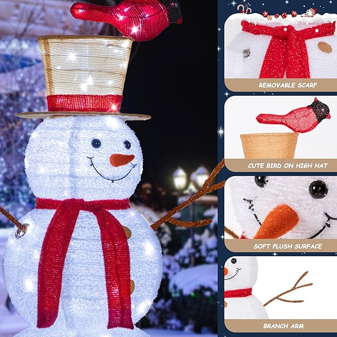 NALONE 4FT Lighted Snowman Christmas Decoration, Cool White Collapsible Snowman with LED Lights and Timer for Outdoor Yard Home