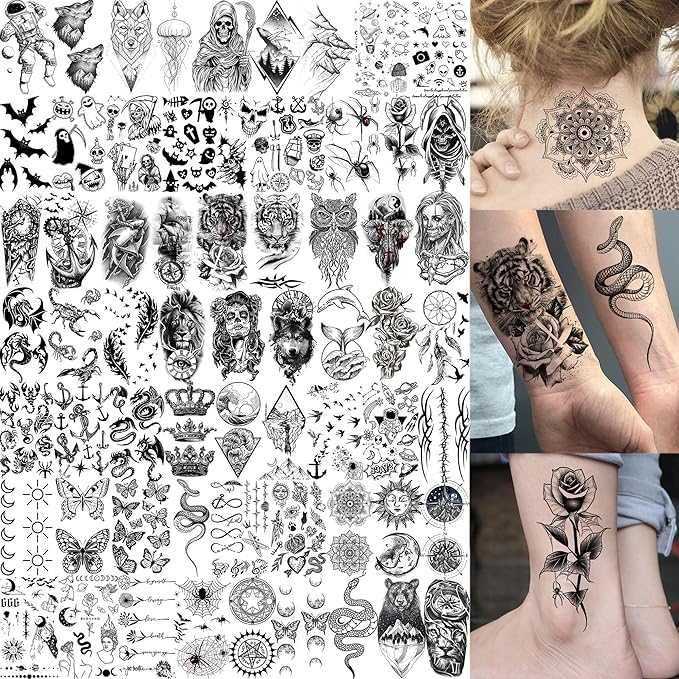75 Sheets Skull Temporary Tattoos For Men Adults Forearm, Halloween Zeus God Lion Poseidon Half Arm Sleeve Tattoo For Women Jesus Christ Skeleton Dragon Owl, Realistic Fake Tattoo Stickers Wolf Tiger