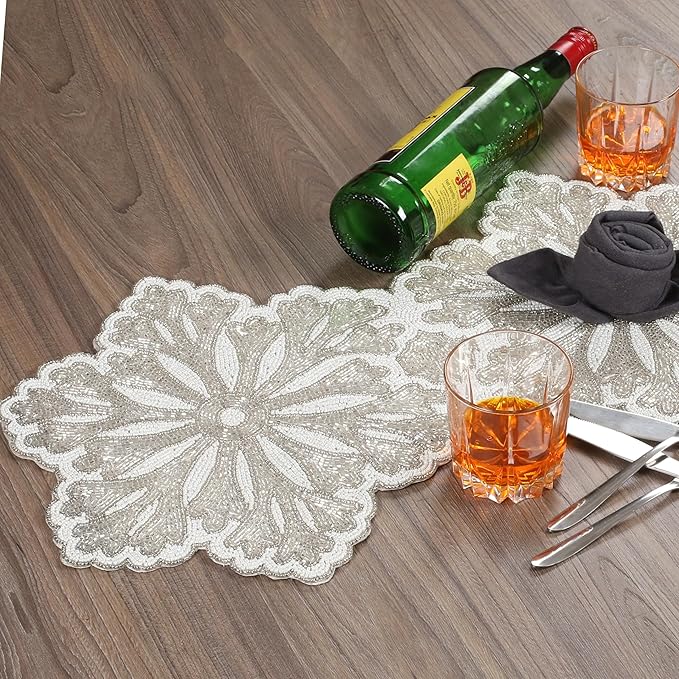 Beaded Table Runner - Elegant & Versatile Dining & Kitchen Linen for Home Decor, Weddings, Parties, Special Occasions, Modern Table Decoration & Luxury Festive Accessory White Silver - CLEENTABLE