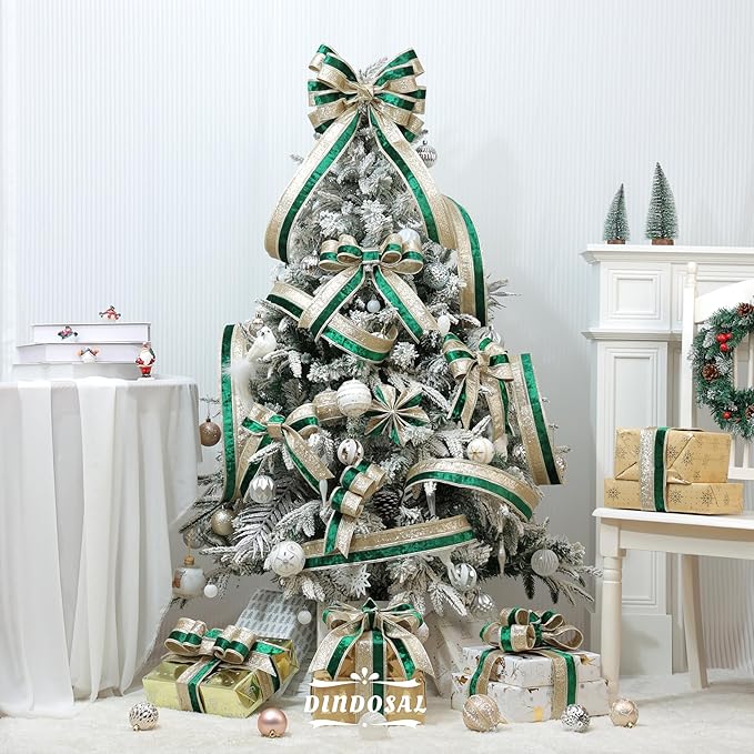 Dark Green Velvet Wired Christmas Ribbon 2.5 Inch Green and Gold Glitter Holiday Ribbon – 10-Yards Roll for Tree Decorations, Gift Wrapping, Wreaths, and DIY Crafts