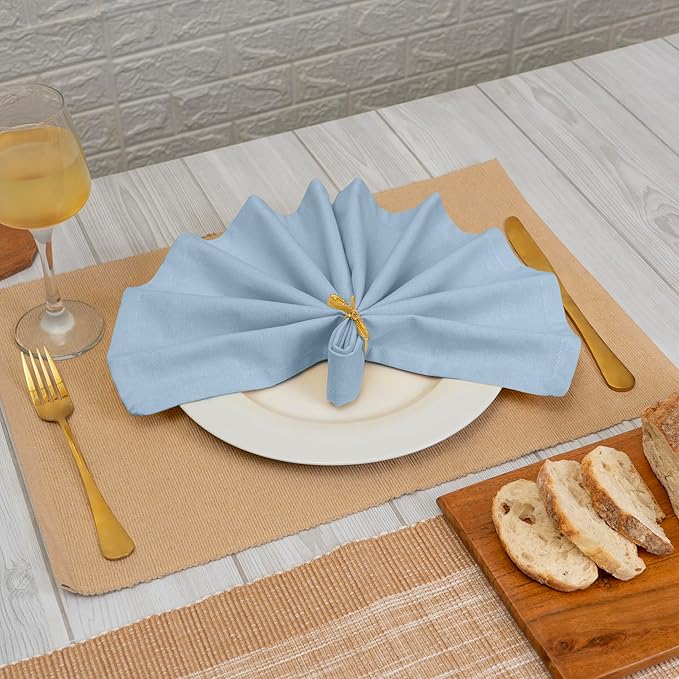 Blue Needles Solid Cloth Napkins Set of 12 Ice Blue 100% Cotton Dinner Napkins 18x18 inches - Soft, Reusable, Absorbent & Washable Fall Thanksgiving Linen, Ideal for Events, Parties & Everyday Use