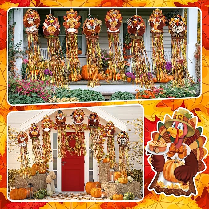 8 Pcs Fall Thanksgiving Turkey Outdoor Hanging Decorations with Tassels Harvest Yard Decoration Windsocks for Outside 3.3ft Signs for Wall Tree Home Lawn Yard Party Supplies Garden Decor