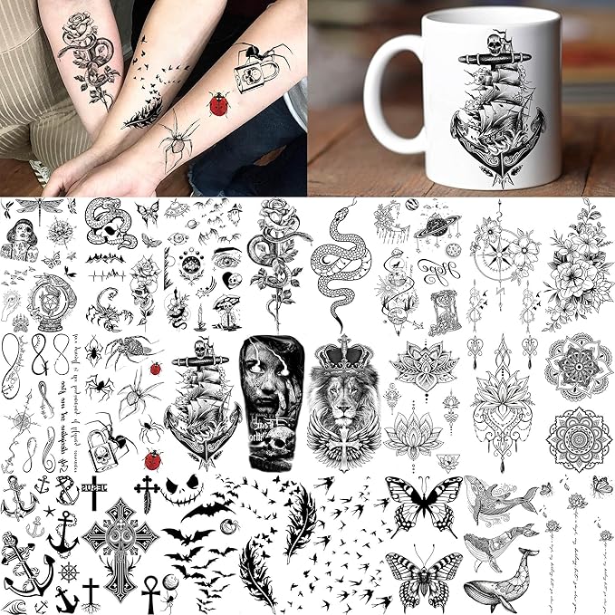 64 Sheets Long Lasting Flower Temporary Fake Tattoos For Women Arm Neck, Jellyfish Sunflower Moon Rose For Adults Girl, 3D Temp Realistic Snake Tatoo Stickers Serpent Peony Floral Kids