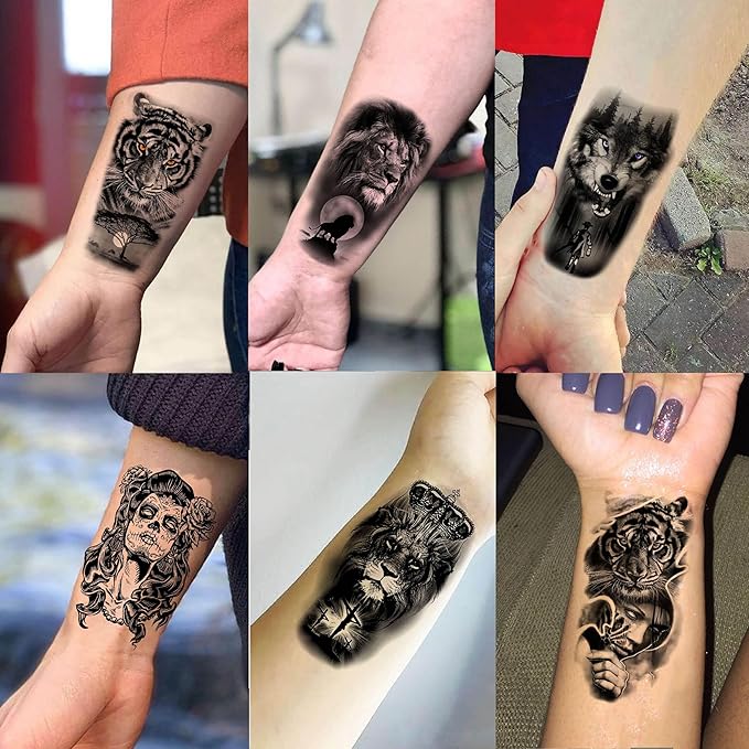 60 Sheets 3D Cool Lion Tiger Temporary Tattoos For Men Women Arm Finger Hands, Small Scary Devil Skull Skeleton Fake Tattoos For Adult Teens Halloween, Black Wolf Dragon Realistic Tatoo Sticker