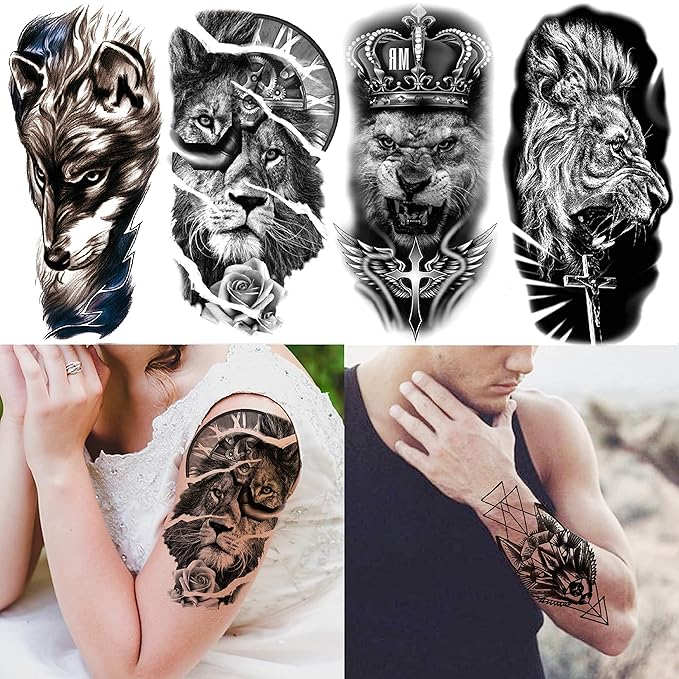 FANRUI 24 Sheets Cool Super Large Full Arm Temporary Tattoo Sleeve For Men with 8 Sheets For Women Thigh, 16 Sheets Flower Eagle Compass Adults Tribal Tiger Tatoo