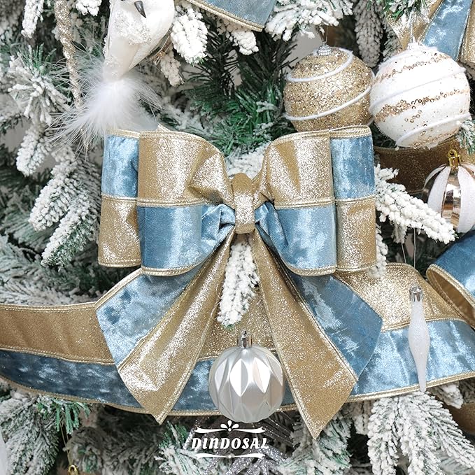 Dusty Blue Velvet Wired Christmas Ribbon 4 Inch Extra Wide Thick Blue and Gold Glitter Holiday Ribbon – 10-Yards Roll for Tree Decorations, Gift Wrapping, Wreaths, and DIY Crafts