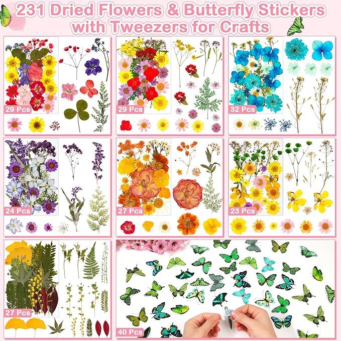 231 PCS Pressed Flowers Bulk for Resin Crafts, Dried Pressed Flowers Butterfly Stickers with Tweezers Real Natural Dry Wildflowers for Resin Molds DIY Art Candle Phone Cases Bookmark Jewelry Making