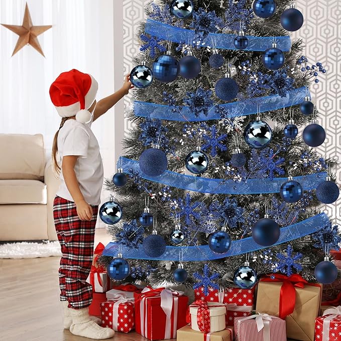 Sratte 94 Pcs Christmas Tree Decorations Set, Christmas Tree Ball Ornaments Glitter Poinsettia Flowers Decorations Glitter Berries Stems for Xmas Holiday Wedding(Navy Blue)