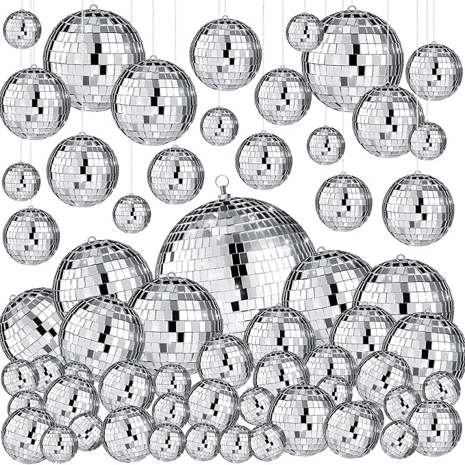 Funtery 100 Pcs Mirror Disco Balls Bulk Assorted Silver Hanging Disco Ball Decor for Home Wedding Birthday Dance Music 70 S Theme Party Christmas Tree Ornaments(1, 2, 3, 4, 6, 8)