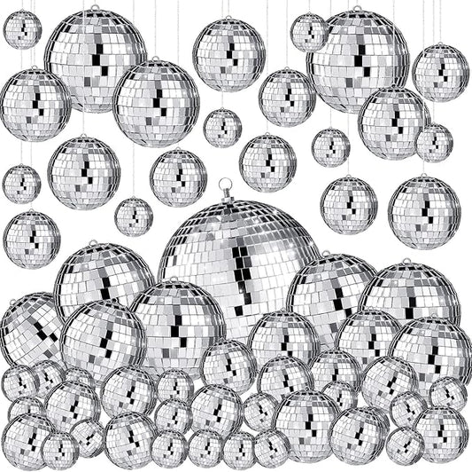 Funtery 100 Pcs Mirror Disco Balls Bulk Assorted Silver Hanging Disco Ball Decor for Home Wedding Birthday Dance Music 70 S Theme Party Christmas Tree Ornaments(1, 2, 3, 4, 6, 8)