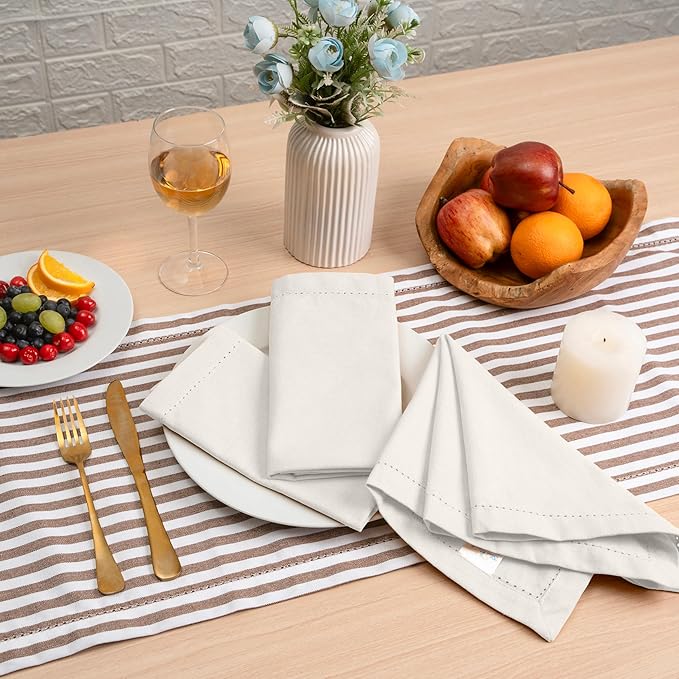 Blue Needles Set of 12 Hemstitch Linen Napkins 100% Cotton White Cloth Dinner Napkins 18x18 inches, Soft, Reusable, Absorbent, Washable, Ideal for Fall Thanksgiving Events, Parties & Everyday Use