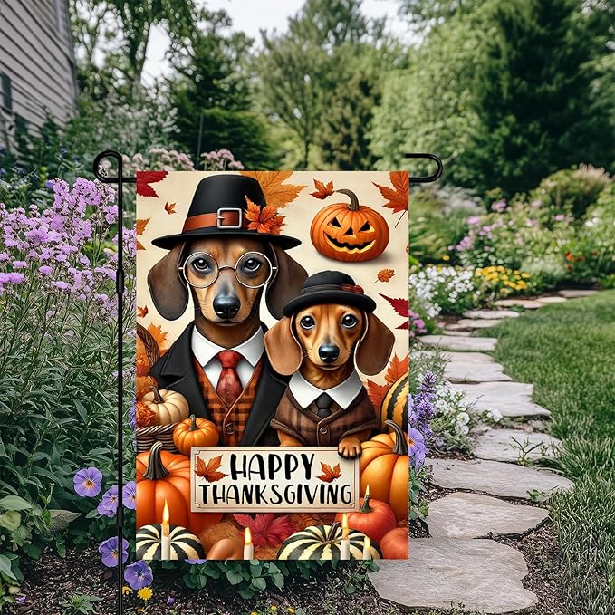Happy Thanksgiving Dachshund Garden Flag 12x18 Inch Outdoor Flag Double Sided Fall Yard Banner with Dogs Pumpkins and Autumn Leaves for Porch Lawn Patio