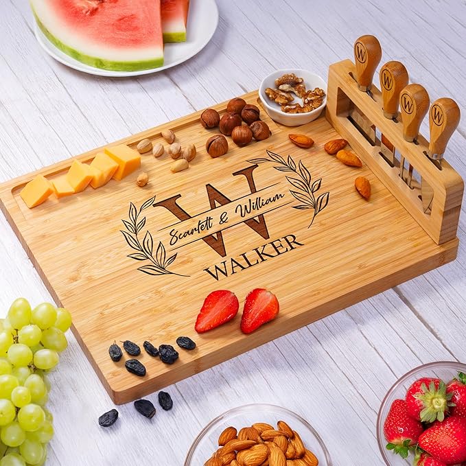 Personalized Charcuterie Board Gifts for Couples – Christmas Custom Large Cheese Board with Knife & Utensil Set for Wedding, Anniversary, Birthday, Housewarming, Engagement, Party, New Home