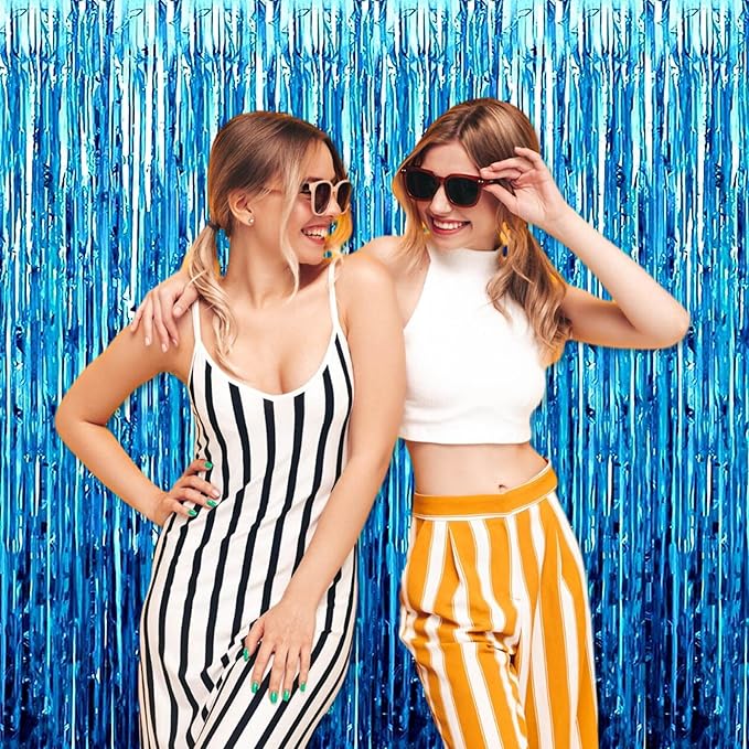 3 Pack Lake Blue Foil Fringe Curtains Backdrop, 3.28 x 6.6 Ft Metallic Streamers Tinsel Curtains Background for Photo Booth, Birthday, Halloween, Christmas, Thanksgiving, New Year Party Decorations