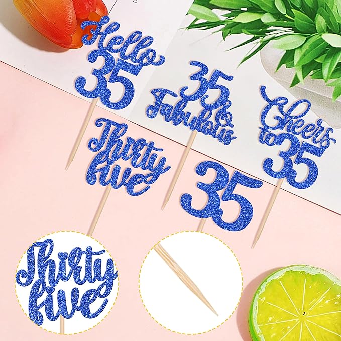 30PCS Happy 35th Birthday Cupcake Toppers Glitter Hello 35 Fabulous Thirty Five Cheers to 35 Years Old Birthday Cupcake Picks for Happy 35th Birthday Anniversary Party Cake Decor Supplies Blue